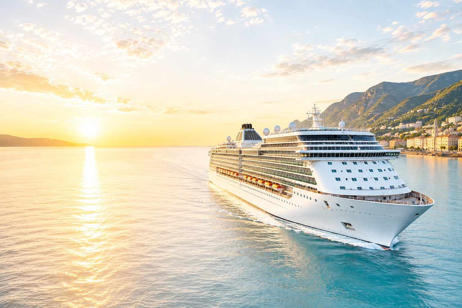 A cruise ship passing a Mediterranean coastline at sunset
