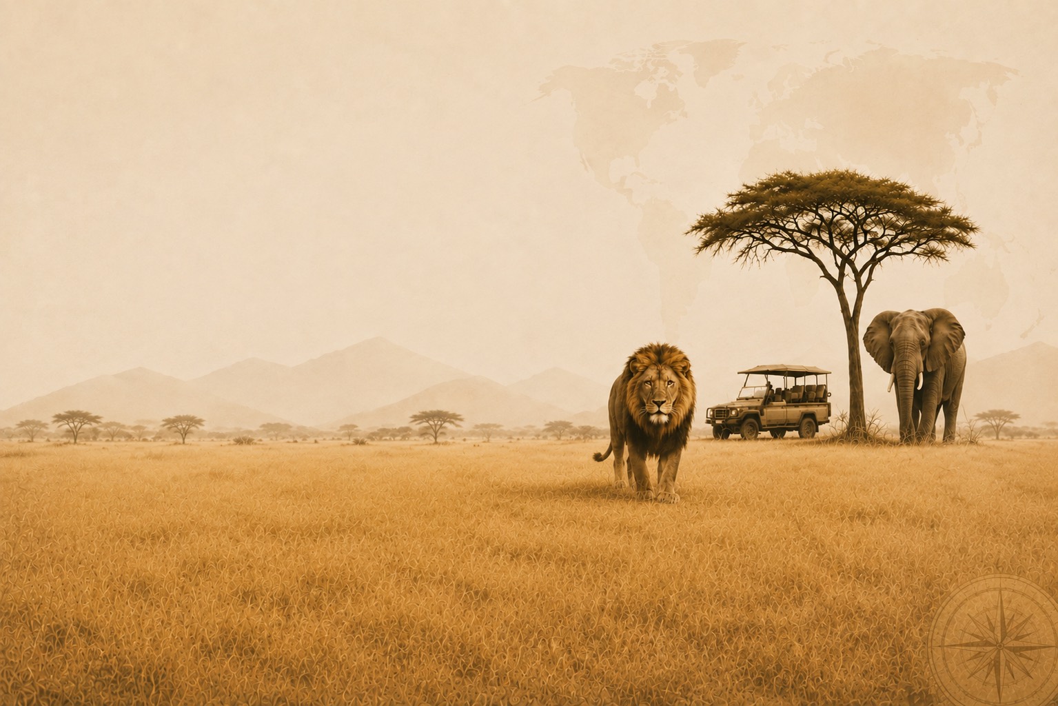 A lion and a herd of elephants on the savannah