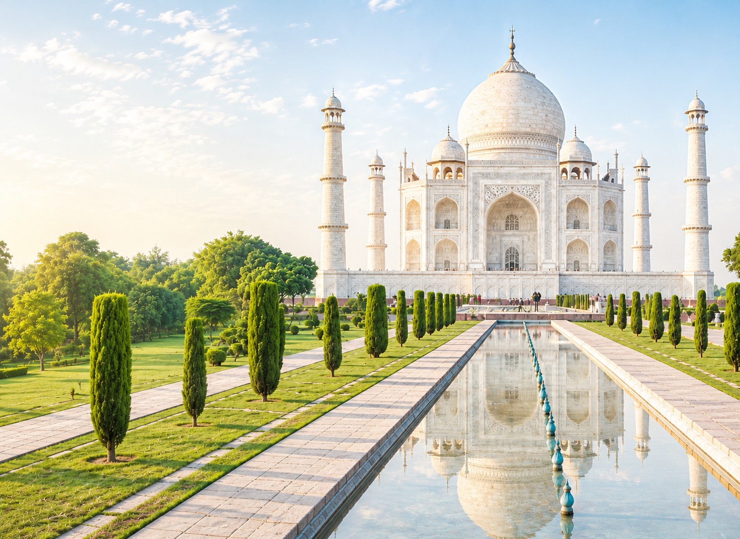 The Taj Mahal reflected in its garden pool at sunrise